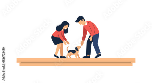 A man and a woman in red clothing lean down to interact with a small puppy standing on a light brown wooden platform against a white background.