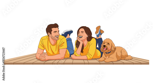 A smiling man and woman wearing yellow shirts lie on a wooden plank floor next to a fluffy golden doodle dog against a white background.