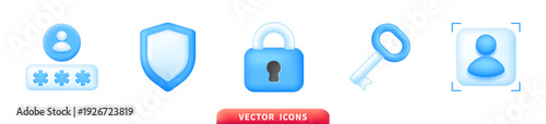 Security and privacy icon set with user profile password padlock shield key and account symbols in glossy blue 3d style for digital protection interface design elements