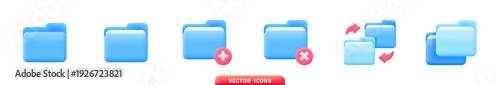Set of shiny blue folder icons illustrating different file management tasks such as creating, deleting, syncing, and organizing documents, perfect for UI and software design.