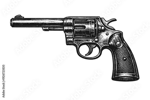 Vintage Engraved Revolver Handgun Illustration: Classic Old-Fashioned Black and White Firearm Drawing, Perfect for Retro Design, Wild West Themes, Detective Stories, Self-Defense Concepts, and Histori