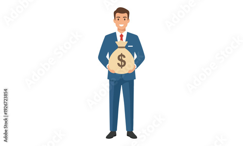 Businessman Holding Money Bag with Dollar Sign on White Background