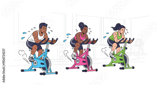 A group of three people ride blue pink and green stationary bikes while sweating profusely during an intense cardio workout session in a gym.
