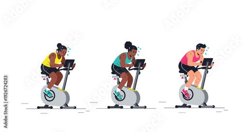 Three diverse people in yellow teal and pink tank tops ride grey stationary exercise bikes while sweating during a workout against a white background.
