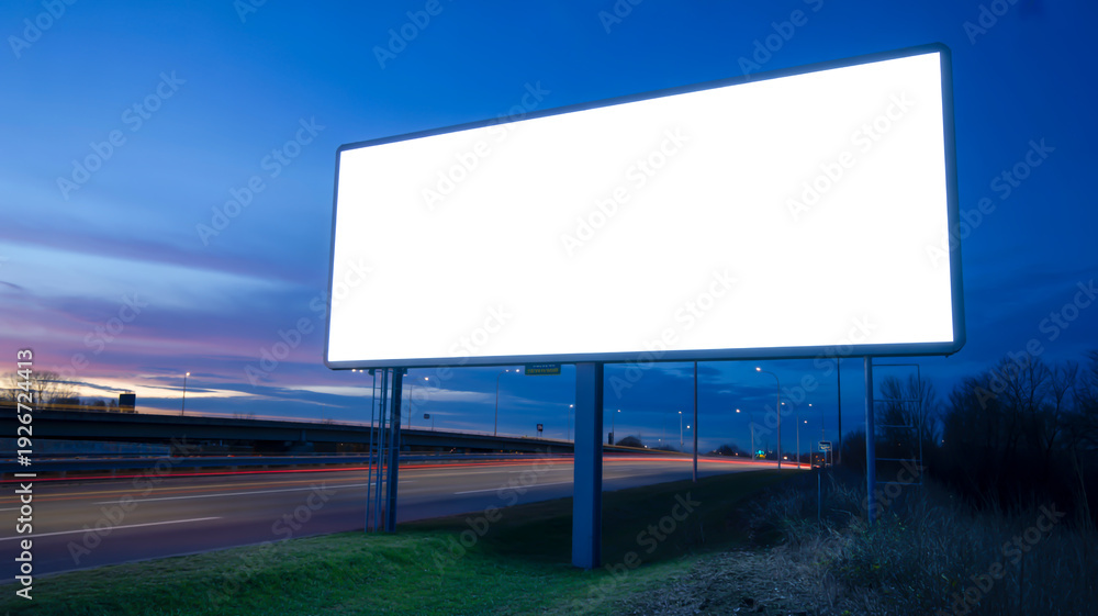 Obraz premium A large white blank billboard advertisement at dusk against a dark blue sky with purple and pink clouds