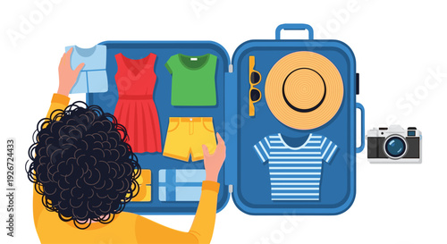 A person with curly black hair packs a blue suitcase with colorful summer clothes a straw hat and sunglasses next to a camera on a white background.