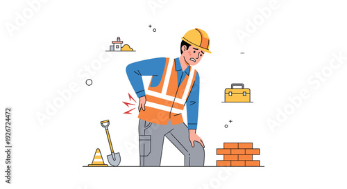 A construction worker wearing a yellow hardhat and orange safety vest holds his lower back in pain while standing near bricks and a shovel.