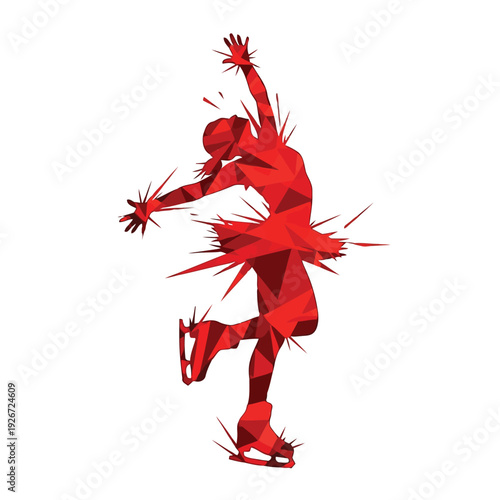 Ice skater woman silhouette in red polygonal style. Abstract geometric figure skating athlete with sharp edges and dynamic movement.