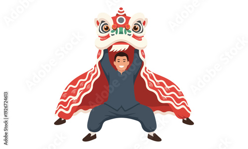 Lion Dance Performer in Traditional Costume for Chinese New Year