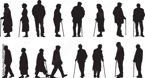 Senior Men and Women with and without Cane Silhouette Vector Set