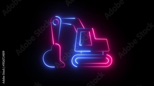 animated neon excavator icon in blue and pink glowing lines on a black background, a futuristic construction symbol for industry and heavy machinery