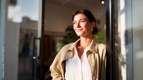 Smiling confident woman opening boutique door in warm morning sunlight. Female entrepreneur, small business owner, elegant retail storefront, successful independent shop opening portrait.