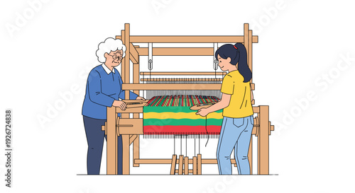 An elderly woman and a young girl work together on a large wooden floor loom to weave a colorful striped rug against a white background.