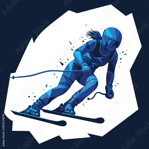 Female alpine skier in downhill racing pose, wearing helmet and ski suit, with ski poles and skis, depicted in a geometric polygonal style with shades of blue on a dark background.
