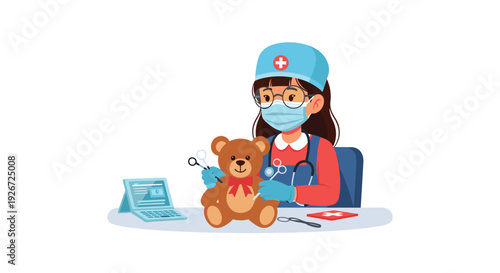 A young girl wearing a surgical mask and cap uses medical instruments to examine a brown teddy bear sitting on a table with a tablet.