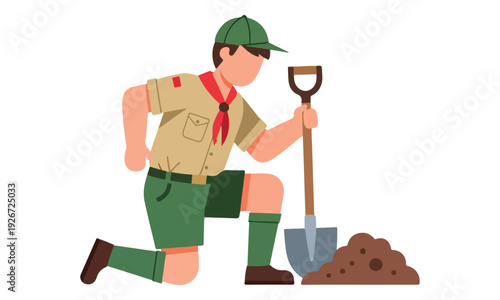 Boy Scout Digging Soil with Shovel for Outdoor Activity
