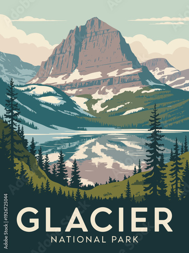 Glacier National Park Wall Art, vintage mid-century modern landscape poster with bold white text