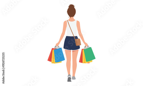 Young Woman Walking with Shopping Bags from Behind