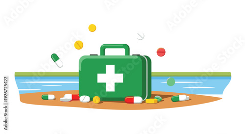 A green first aid kit with a white cross sits on a sandy beach surrounded by scattered colorful medicinal pills and capsules.