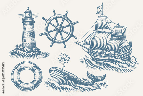 Vintage nautical engraving set with ship and lighthouse vector