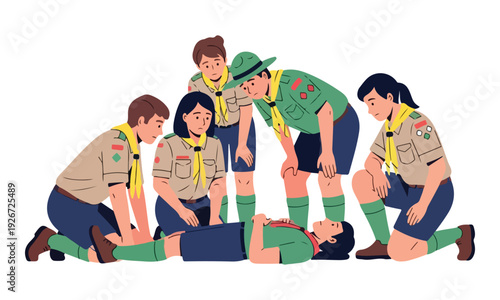 Scout group providing first aid to a fallen peer on the ground