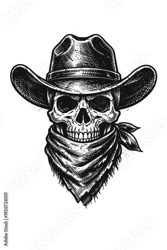 Vintage etched-style illustration of a human skull wearing a classic cowboy hat and a tied bandana, embodying a rugged Wild West outlaw spirit, perfect for apparel, tattoo art, and edgy merchandise de