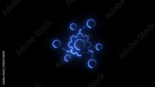 animated blue neon gear connecting to circular nodes on a black background, representing a technology network or digital connection, abstract concept motion graphic