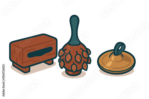 Stylized set of three percussion instruments: wood block, rattle, and finger cymbal
