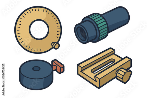 Isometric set of various components and accessories for professional photographic equipment