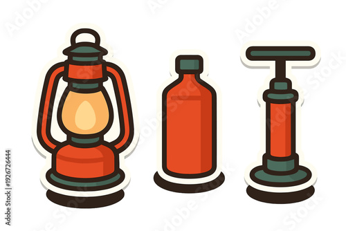 Vintage camping equipment sticker set featuring a classic lantern, fuel bottle, and hand pump design