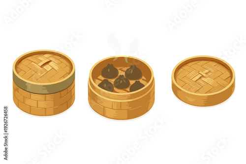Traditional bamboo steamer baskets filled with hot steaming dumplings and closed lids
