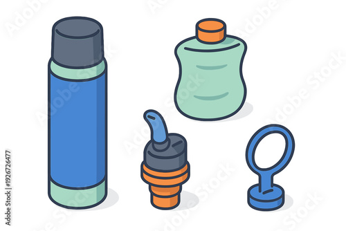 Isometric set of cosmetic containers, dispensers, spray bottle, and liquid soap packaging