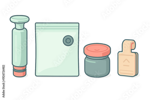 Kitchen gadgets for vacuum food preservation including pump, bag, and storage jar