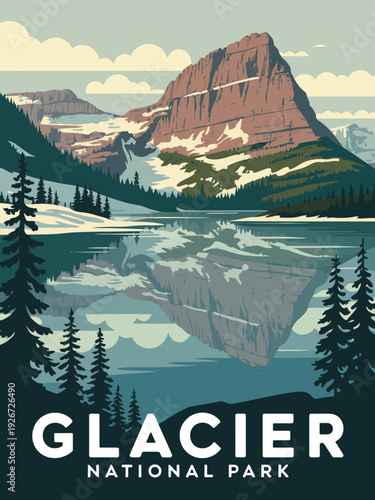 Glacier National Park Poster, bold mid-century modern design with retro typography scenic wall art print