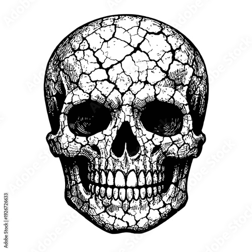Black and white skull illustration, cracked texture, resembling dry earth or ancient bone. Vintage engraving style artwork captures mortality, macabre art, gothic aesthetic. Ideal for dark designs, sy