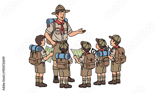 Scout Leader Teaching Boy Scouts Navigation with Maps and Compass