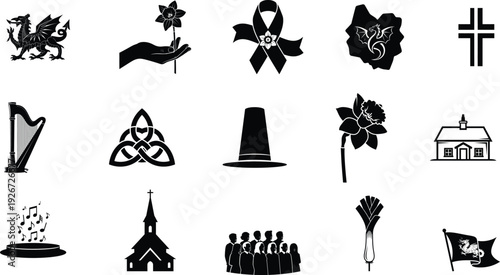 Silhouette of various irish and religious symbols in black