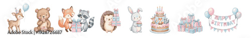 Watercolor nursery clipart. Cute watercolor forest animals birthday party with presents, banner and cake. Collection of Vector illustrations. Perfect for invitation, card, poster, banner, decoration