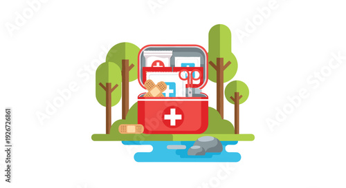 A red first aid kit box filled with medical supplies sits on a green riverbank surrounded by stylized forest trees.
