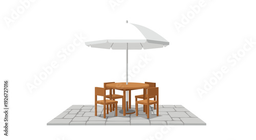 A round wooden table with four chairs sits under a large white parasol on a grey stone patio surface.