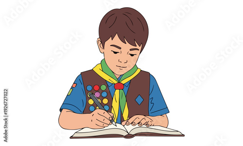 Scout boy writing in open book, wearing uniform with badges