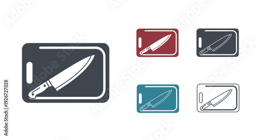 Four kitchen knives presented in colored rectangles a graphic silhouette