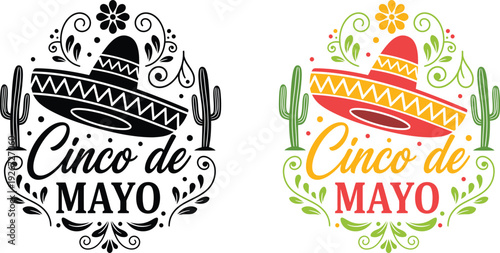 Cinco de mayo festive designs with sombrero cacti and floral swirls