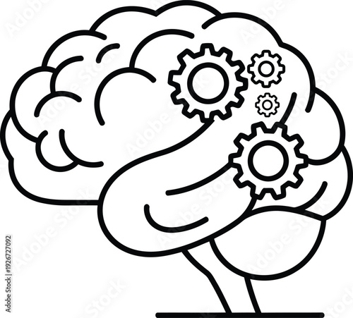 A black and white illustration of a human brain with integrated gears