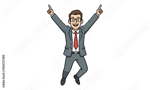 Cartoon Businessman Jumping, Celebrating Success and Pointing Up
