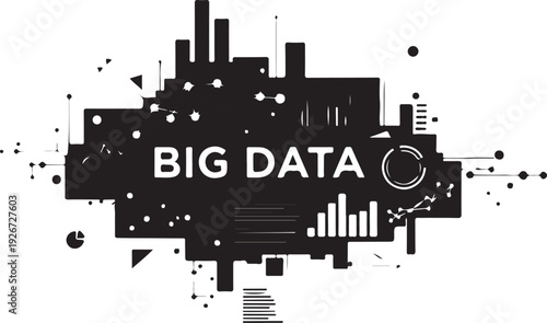 Big data concept with abstract cityscape and data visualization elements isolated on transparent background