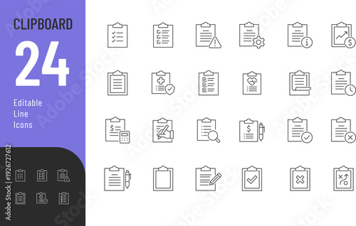 Clipboard Line Editable Icons set. Vector illustration in modern thin style of documents related icons: checklist, plan, questionnaire, and more. Isolated on transparent background.