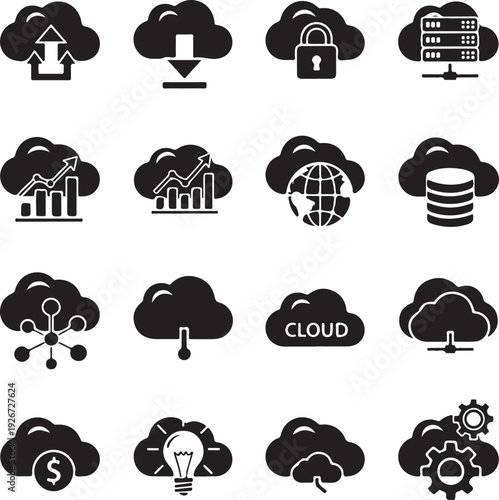 Cloud computing icons representing various services and concepts in a grid layout on transparent background