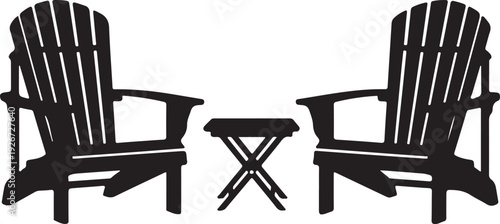 A pair of black adirondack chairs and a small table