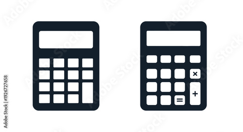 Two black calculators displayed side by side simple graphic silhouette